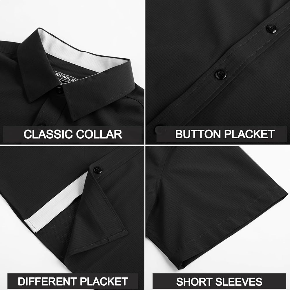 PJ PAUL JONES Mens Casual Shirts Short Sleeve Button Down Shirts Summer Wrinkle-Free Shirts with Pocket Black