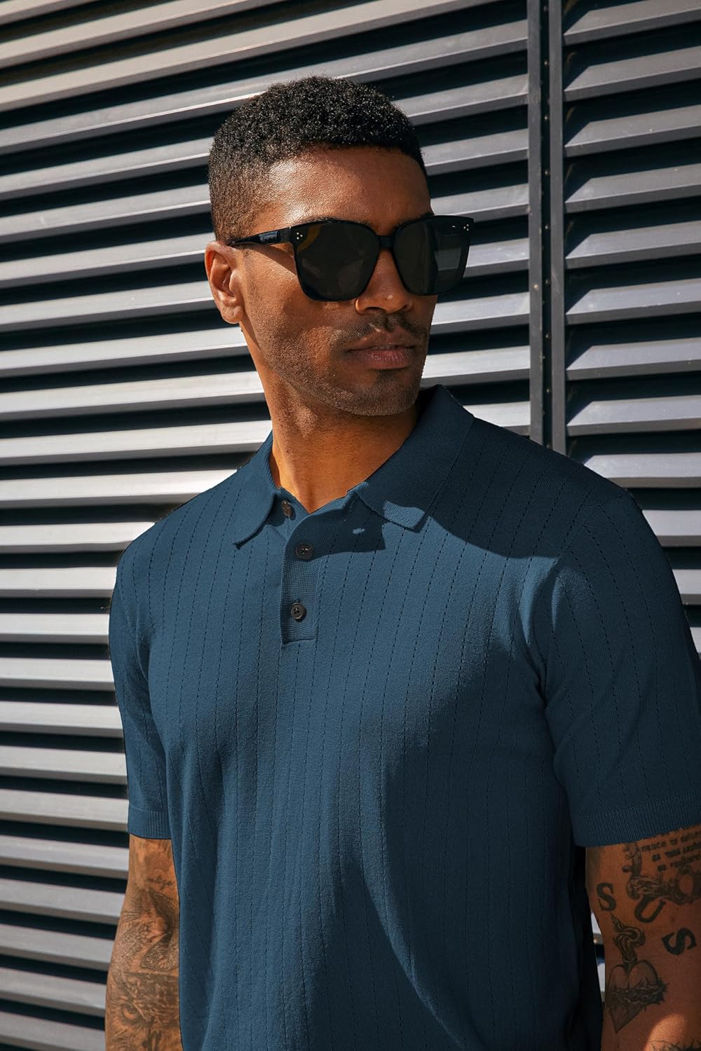 PJ PAUL JONES Mens Knitted Polo Shirts Breathable Hollow Out Knit Polo Shirts Sweater for Men Blue 2XL