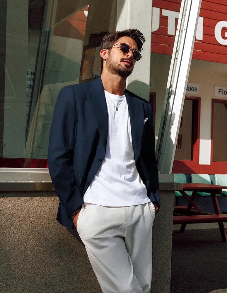 PJ PAUL JONES Mens Sport Coats and Blazers Cotton-Linen Breathable Blazer Jacket Peak Lapel 2 Button Sport Coat Navy Blue