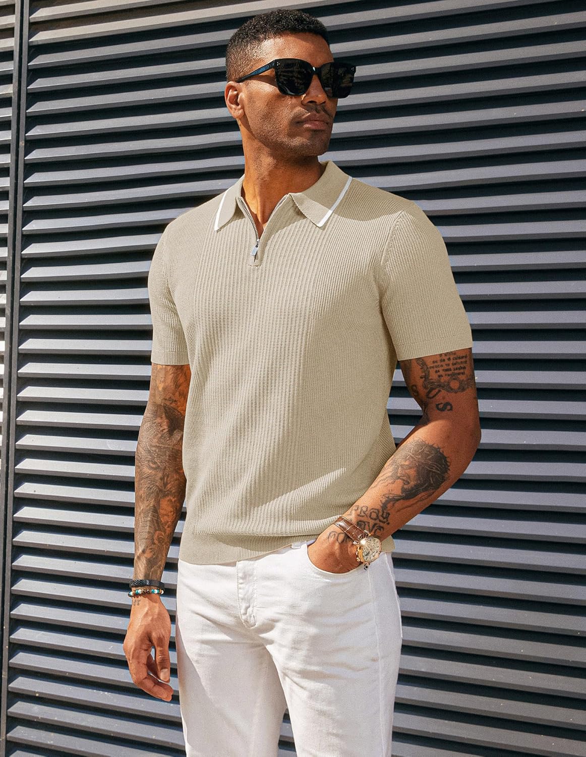 PJ PAUL JONES Casual Polo Shirt for Men Knitted Short Sleeve Shirts Lightweight Polo Shirt Apricot