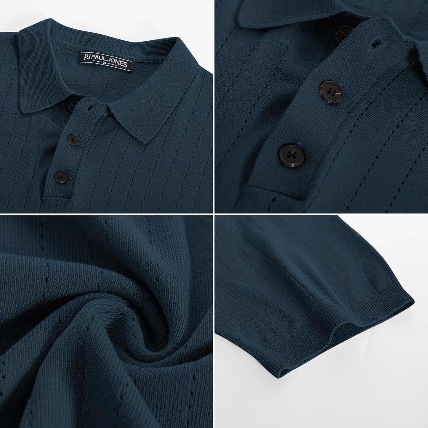 PJ PAUL JONES Mens Knitted Polo Shirts Breathable Hollow Out Knit Polo Shirts Sweater for Men Blue 2XL