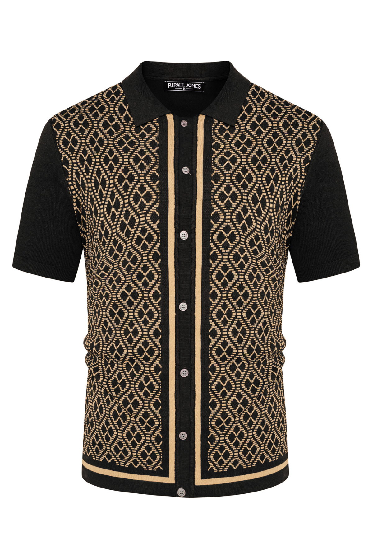 PJ PAUL JONES Mens Knitted Polo Shirt Button Down Knitwear Contrast Knitted Polo Shirts for Summer Black Gold