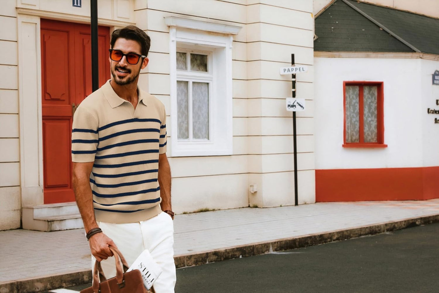 PJ PAUL JONES Mens Polo Shirts Short Sleeve V-Neck Polos Casual Striped T Shirt Apricot