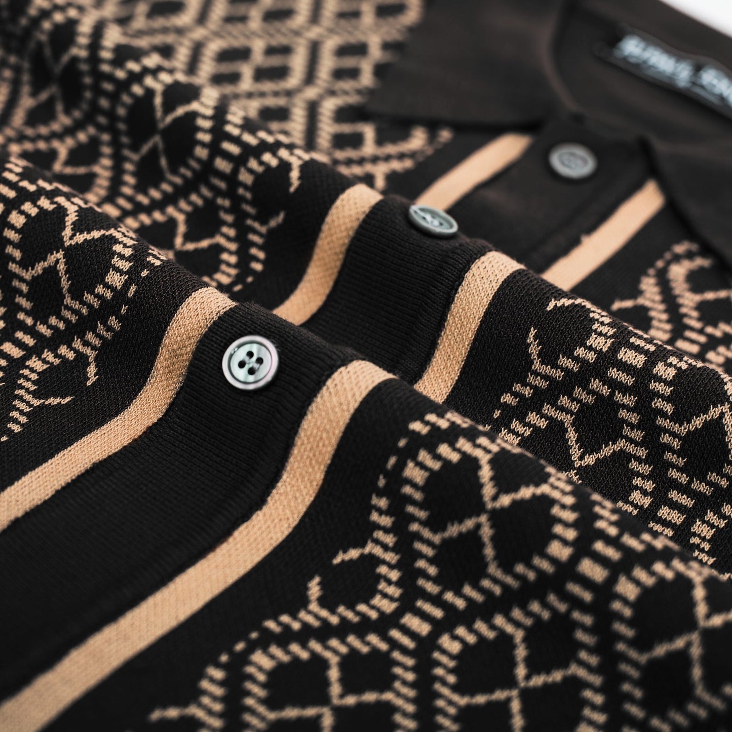 PJ PAUL JONES Mens Knitted Polo Shirt Button Down Knitwear Contrast Knitted Polo Shirts for Summer Black Gold