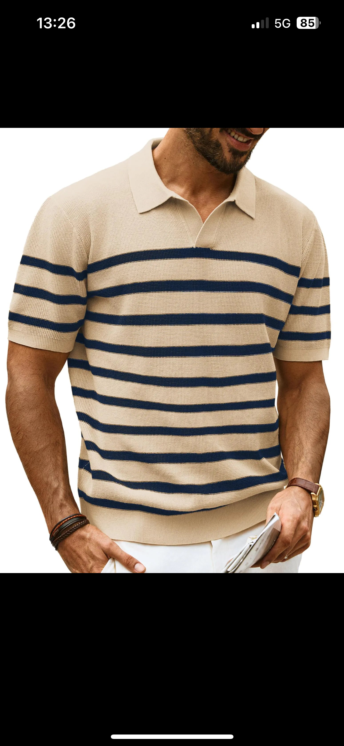 PJ PAUL JONES Mens Polo Shirts Short Sleeve V-Neck Polos Casual Striped T Shirt Apricot