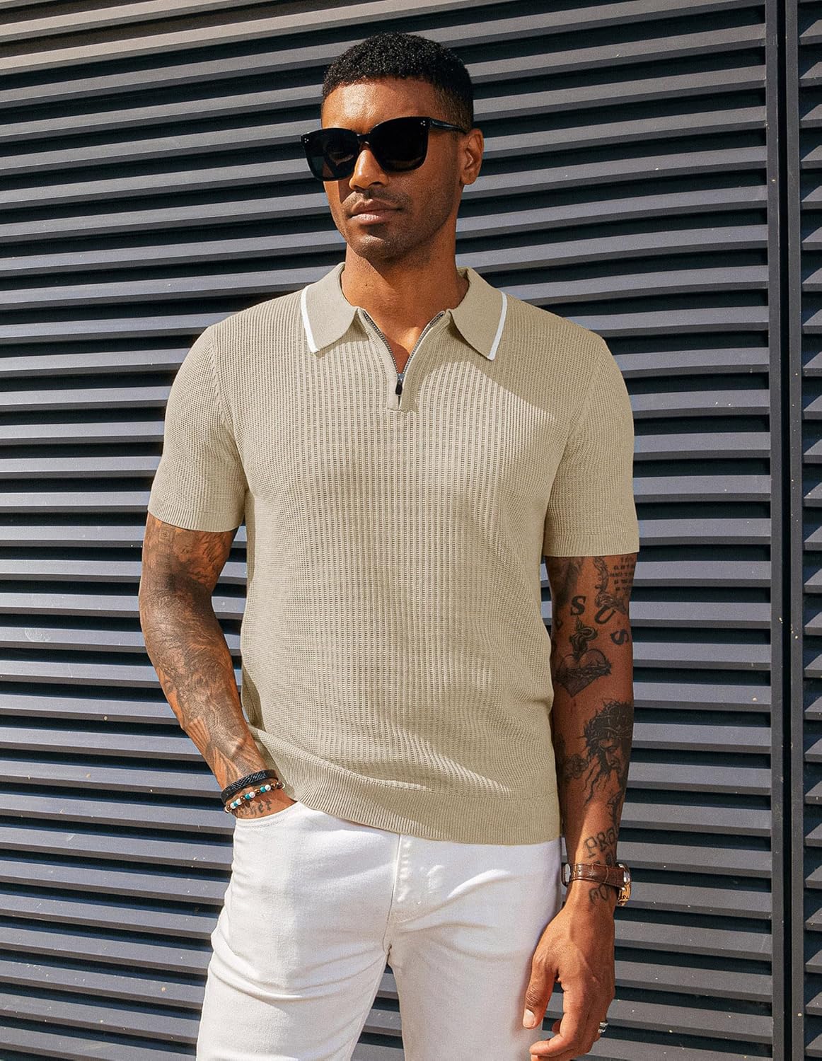 PJ PAUL JONES Casual Polo Shirt for Men Knitted Short Sleeve Shirts Lightweight Polo Shirt Apricot