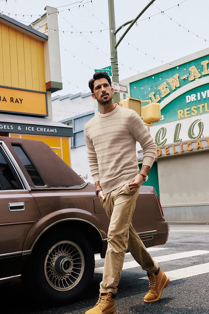 PJ PAUL JONES Mens Textured Knit Sweaters Fashion Crewneck Pullover Sweaters Fitted Knitwear Khaki