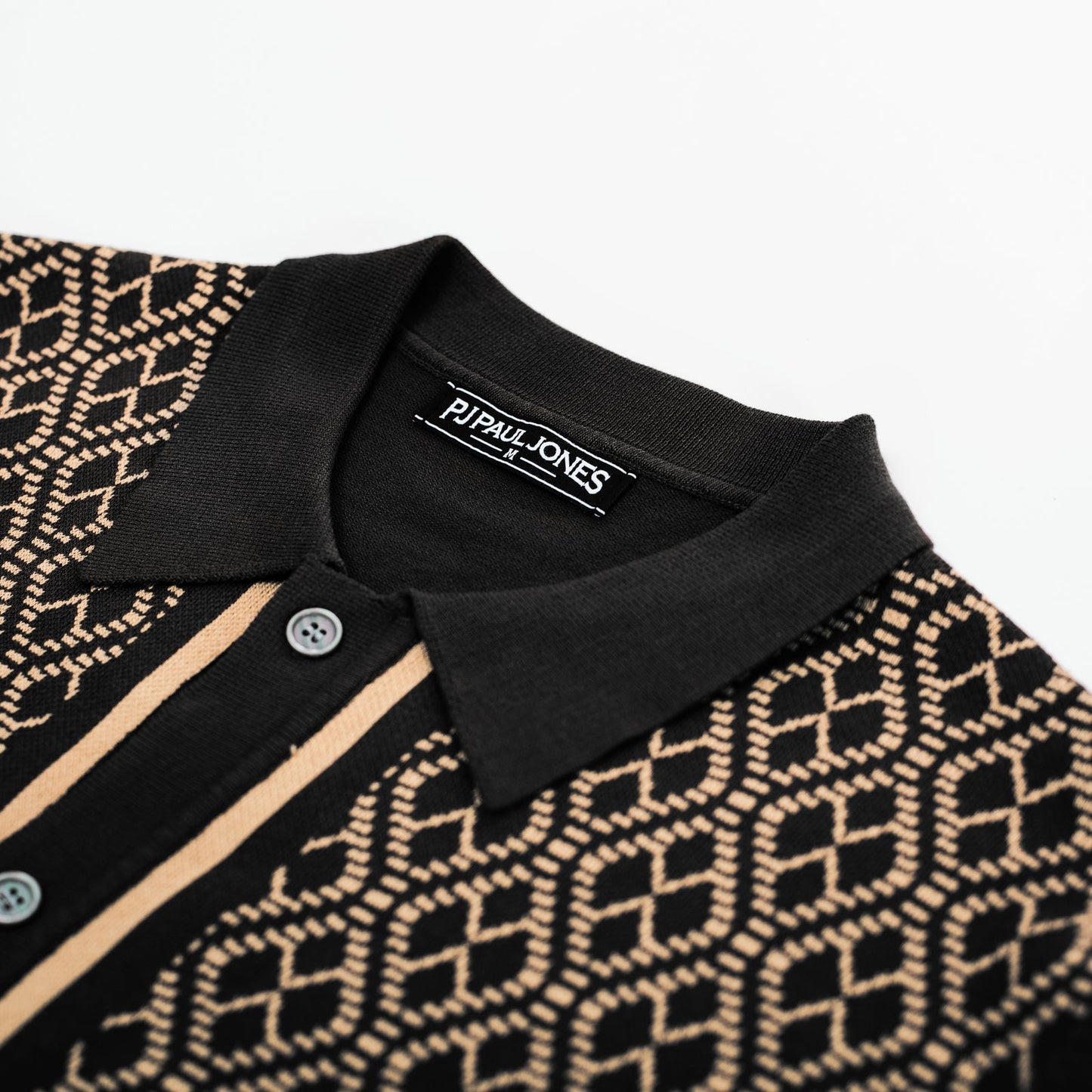 PJ PAUL JONES Mens Knitted Polo Shirt Button Down Knitwear Contrast Knitted Polo Shirts for Summer Black Gold