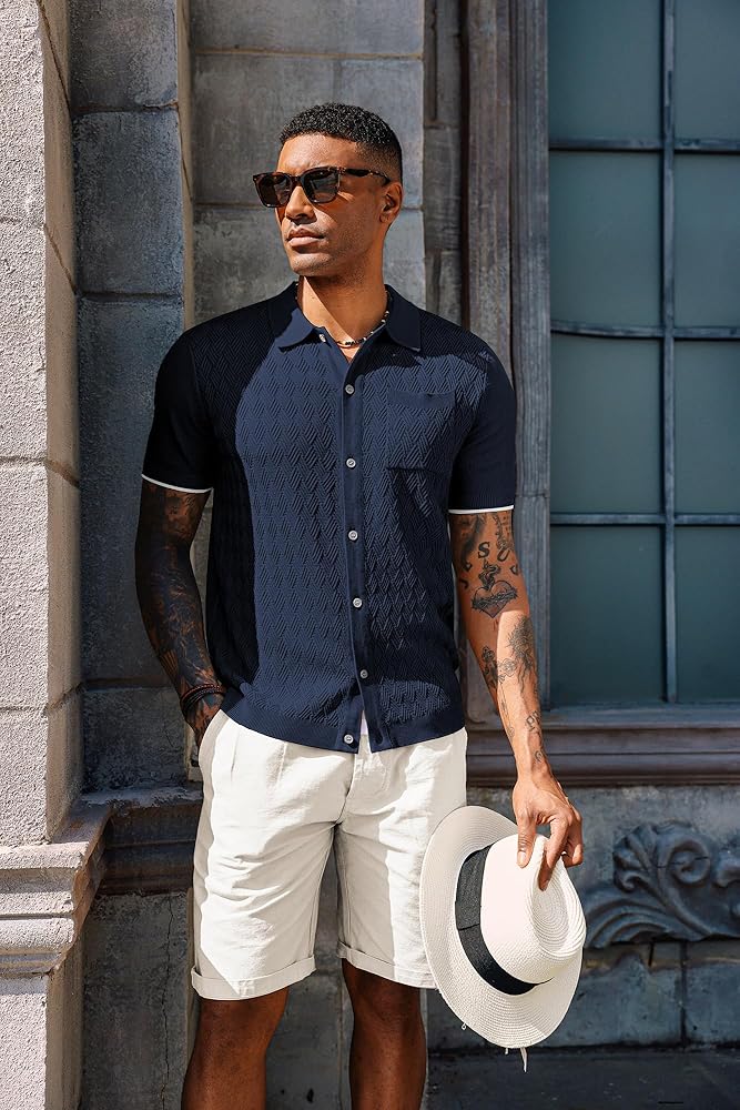 PJ PAUL JONES Mens Button Down Shirt 1970s Italian Textured Knit Polo Shirt with Pocket Classic Fit Vacation Ribbed Knit Shirts Navy Blue XXL
