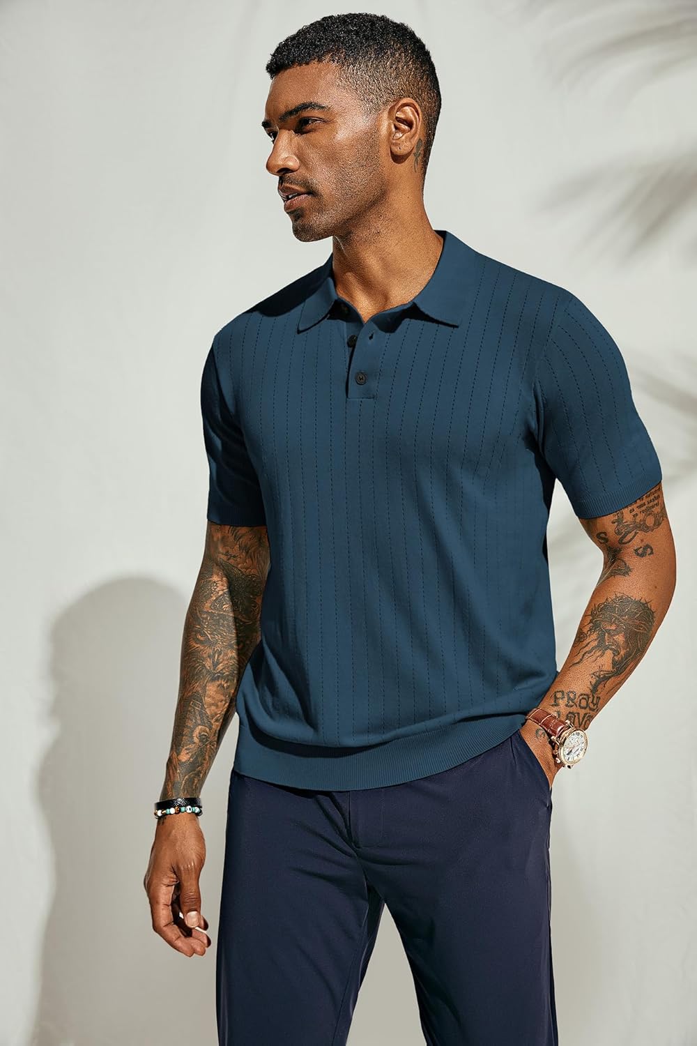 PJ PAUL JONES Mens Knitted Polo Shirts Breathable Hollow Out Knit Polo Shirts Sweater for Men Blue 2XL