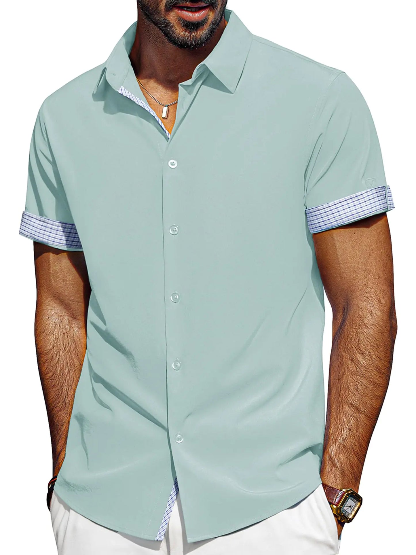 PJ PAUL JONES Mens Button Down Short Sleeve Shirt Business Casual Shirts for Men Wrinkle Free Button Up Shirt Men Summer Beach Light Green