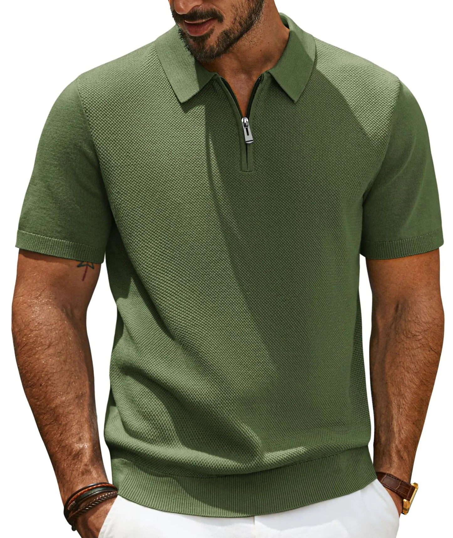 PJ PAUL JONES Mens Polo Shirts Short Sleeve Textured Casual Knit Shirt Italian Zipper for Spring Summer Men Army Green Shirt Large