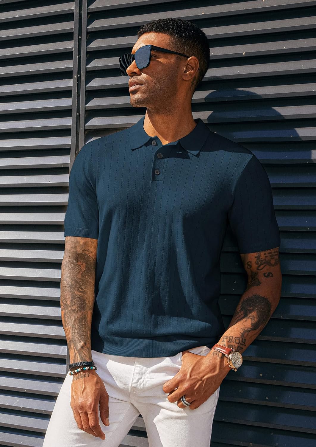 PJ PAUL JONES Mens Knitted Polo Shirts Breathable Hollow Out Knit Polo Shirts Sweater for Men Blue 2XL