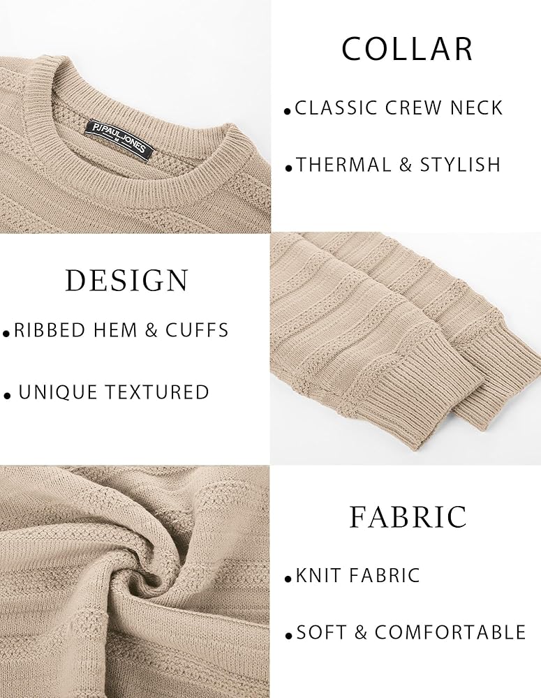 PJ PAUL JONES Mens Textured Knit Sweaters Fashion Crewneck Pullover Sweaters Fitted Knitwear Khaki