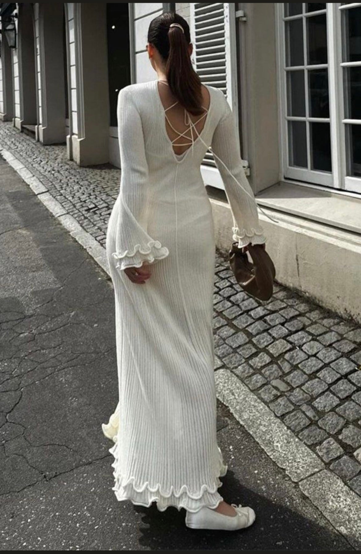 QNI Maxi Dress with Ruffles Crochet Dress Cream Dress Tie Back Knot Dress Bodycon Long Sleeve Sweater Dress (WhiteSSmall)