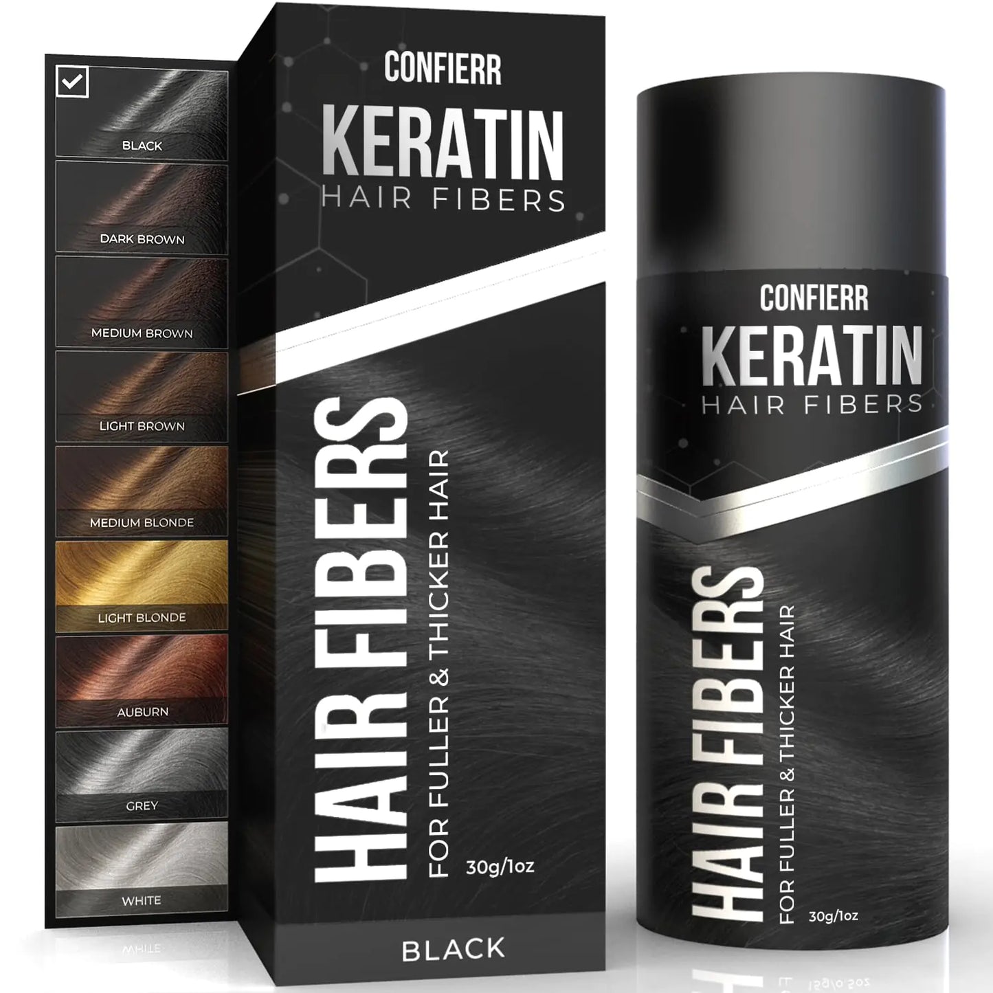 CONFIERR Keratin Hair Fibers for Men & Women - Fill In Fine or Thinning Hair Instantly Thicker Fuller Looking Hair (Black 30g)