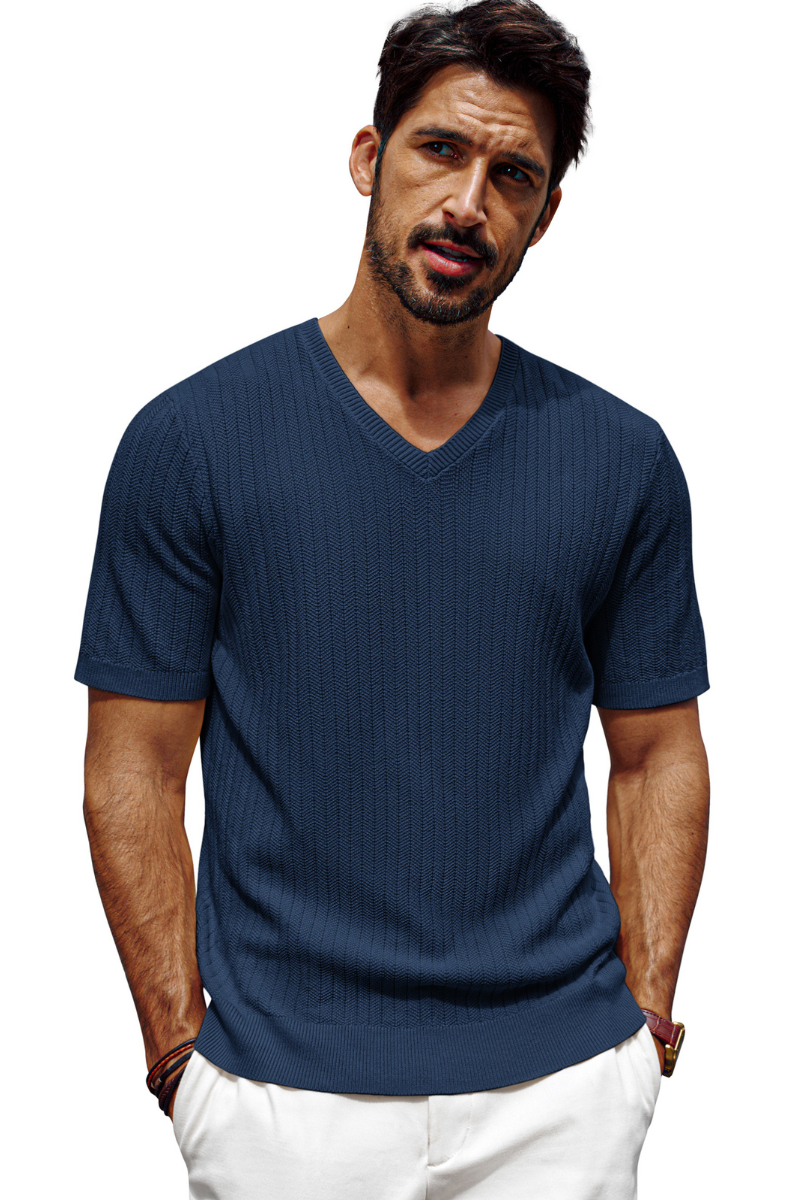 PJ PAUL JONES Summer Shirts for Men V Neck Short Sleeve Solid Color Knit Shirts Textured Shirts Royal Blue