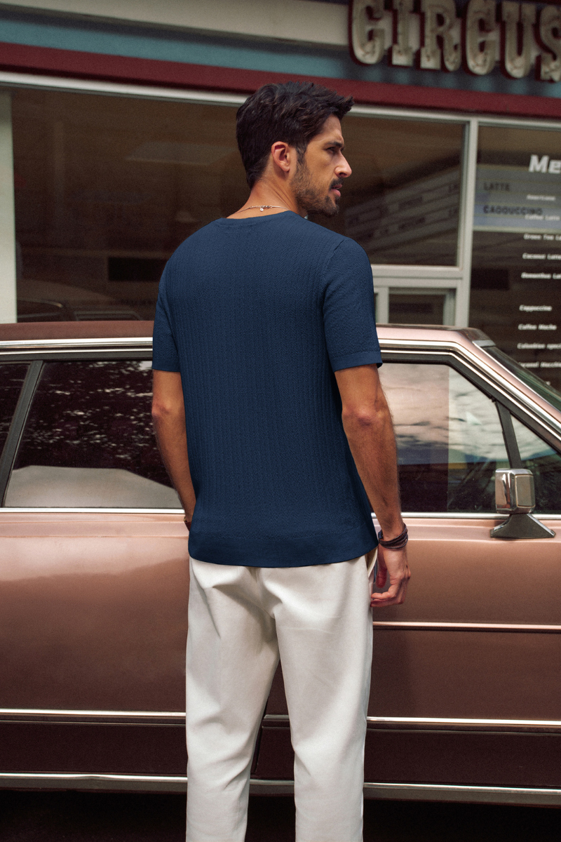 PJ PAUL JONES Summer Shirts for Men V Neck Short Sleeve Solid Color Knit Shirts Textured Shirts Royal Blue