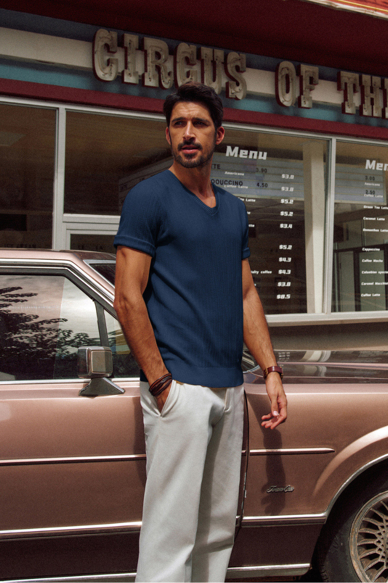 PJ PAUL JONES Summer Shirts for Men V Neck Short Sleeve Solid Color Knit Shirts Textured Shirts Royal Blue