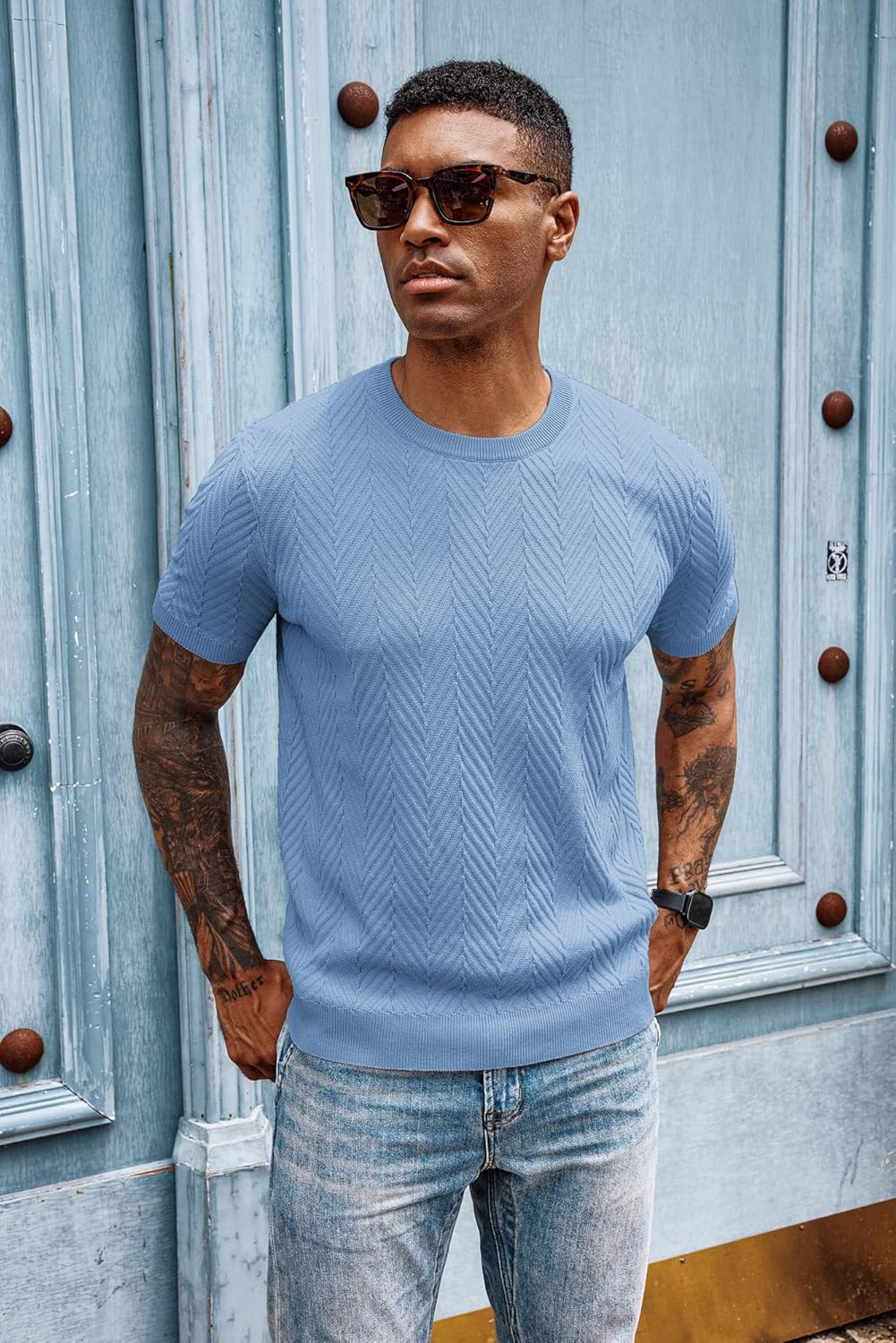 PJ PAUL JONES Mens Short Sleeve Knit T-Shirts Casual Crewneck Solid Texture Knit Shirt Grey Blue Medium
