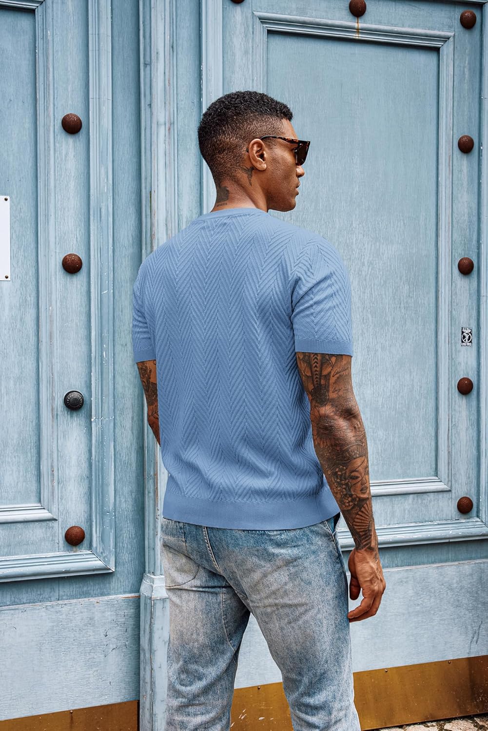 PJ PAUL JONES Mens Short Sleeve Knit T-Shirts Casual Crewneck Solid Texture Knit Shirt Grey Blue Medium