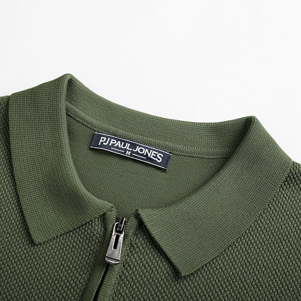 PJ PAUL JONES Mens Polo Shirts Short Sleeve Textured Casual Knit Shirt Italian Zipper for Spring Summer Men Army Green Shirt Large