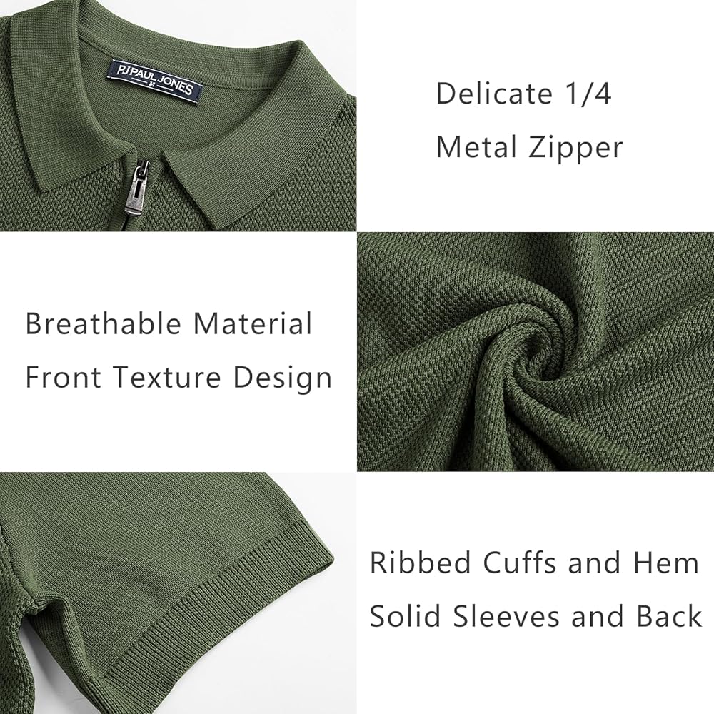 PJ PAUL JONES Mens Polo Shirts Short Sleeve Textured Casual Knit Shirt Italian Zipper for Spring Summer Men Army Green Shirt Large