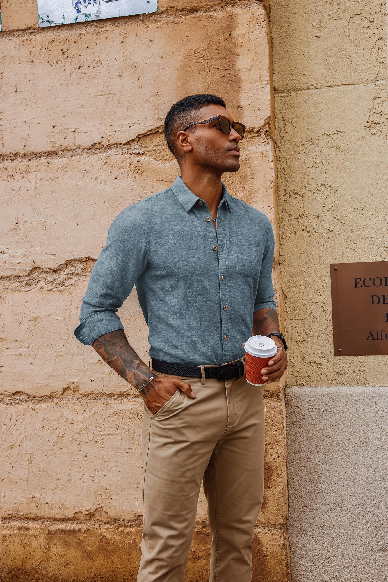 PJ PAUL JONES Blue Button Down Shirt Men Linen Shirts Long Sleeve Cotton Shirt for Casual Lightweight Solid Tops Blue L