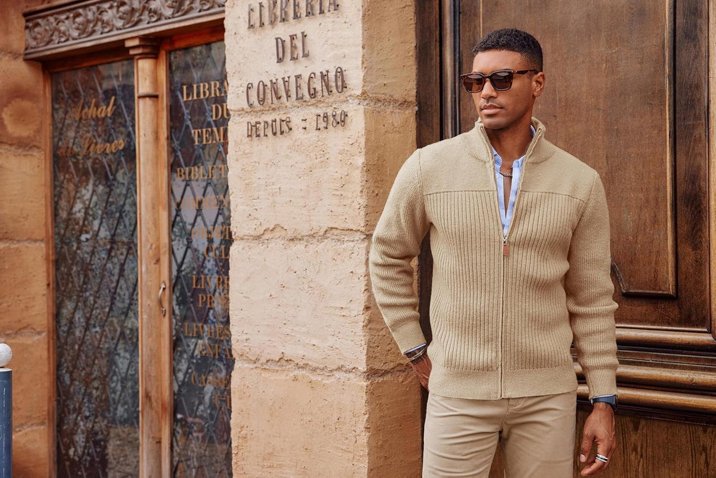 PJ PAUL JONES Mens Full Zip Cardigan Sweater Casual Stand Collar Ribbed Knitted Cardigan Long Sleeve Textured Sweater Cardigans Khaki L