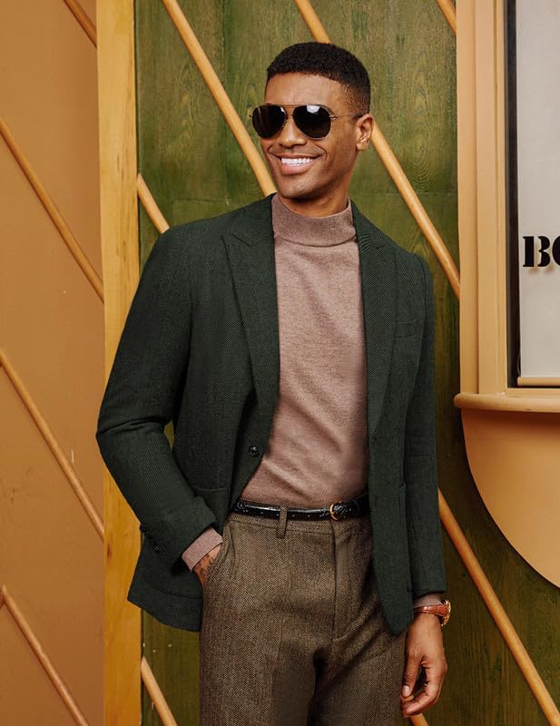 PJ PAUL JONES Mens Irish Wool Blend Suit Blazer Peak Lapel Herringbone Tweed Retro Sport Coats for Church Dark Green XL