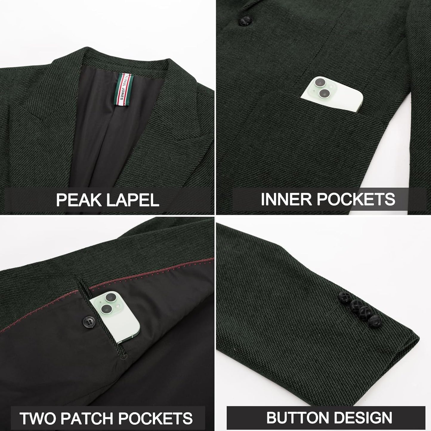 PJ PAUL JONES Mens Irish Wool Blend Suit Blazer Peak Lapel Herringbone Tweed Retro Sport Coats for Church Dark Green XL