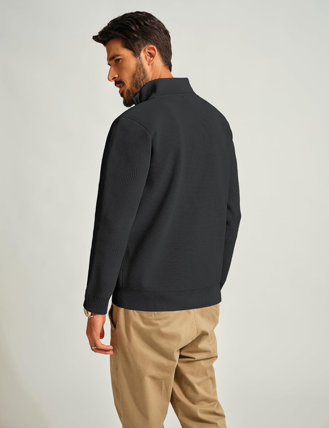 PJ PAUL JONES Mens Cardigan Sweater Casual Zip Up Sweater Stand Collar Texture Sweaters Black