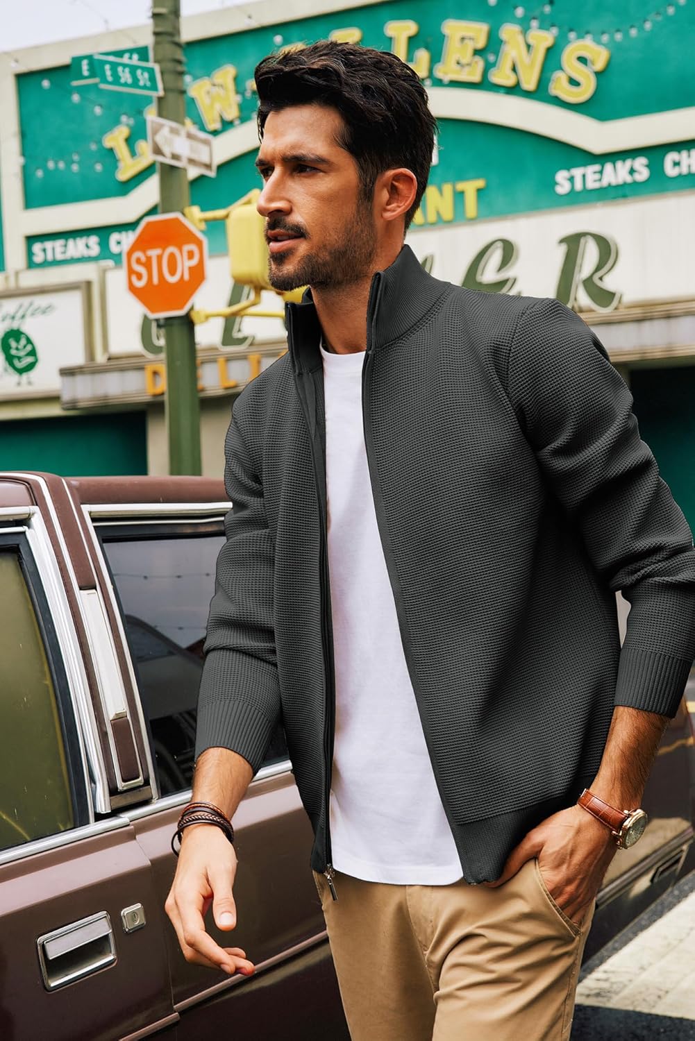 PJ PAUL JONES Mens Cardigan Sweater Casual Zip Up Sweater Stand Collar Texture Sweaters Black