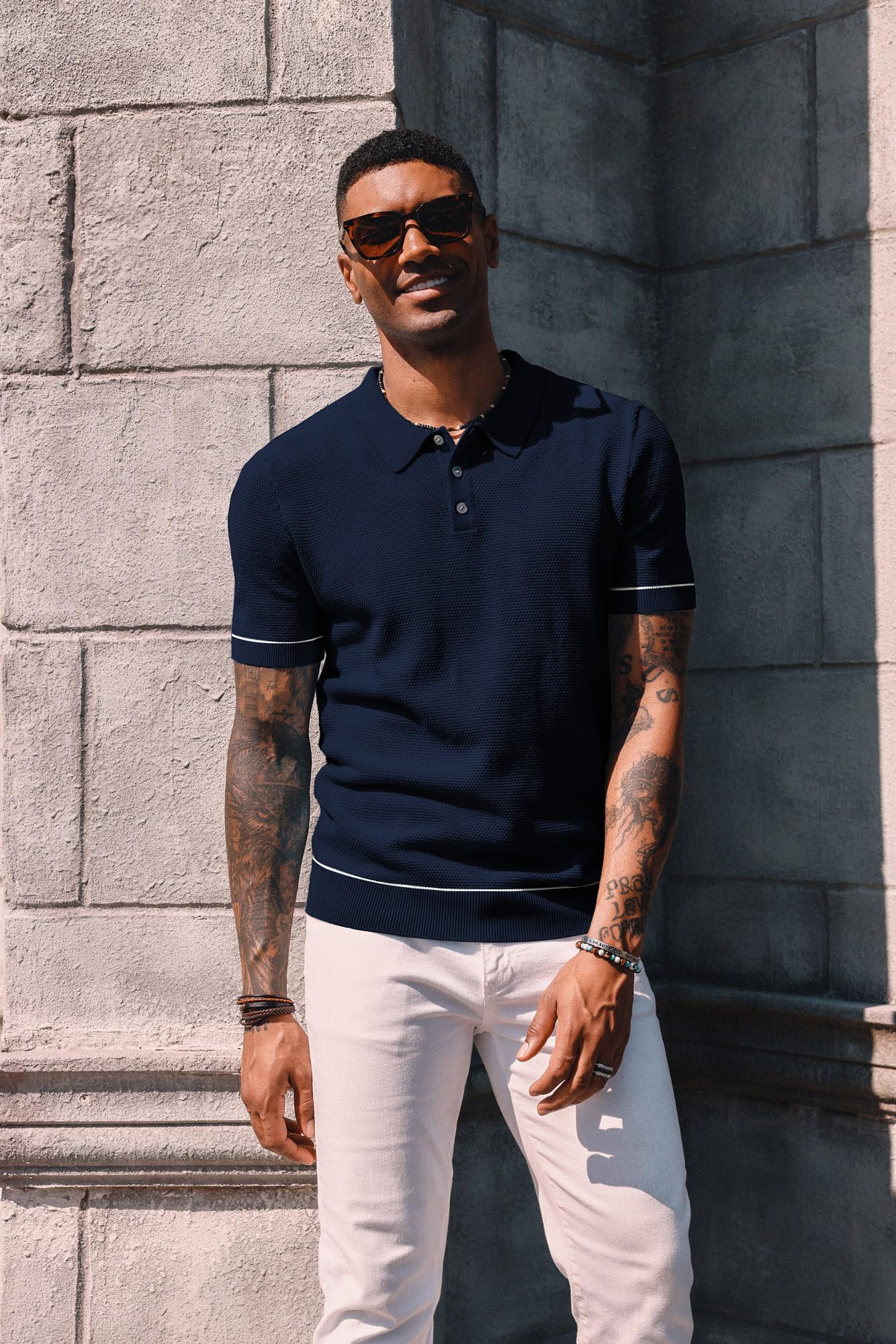 PJ PAUL JONES Knit Polo Shirts Men Short Sleeve Button Up 2024 Fashion Knitted Polo Shirt Navy Blue 2XL