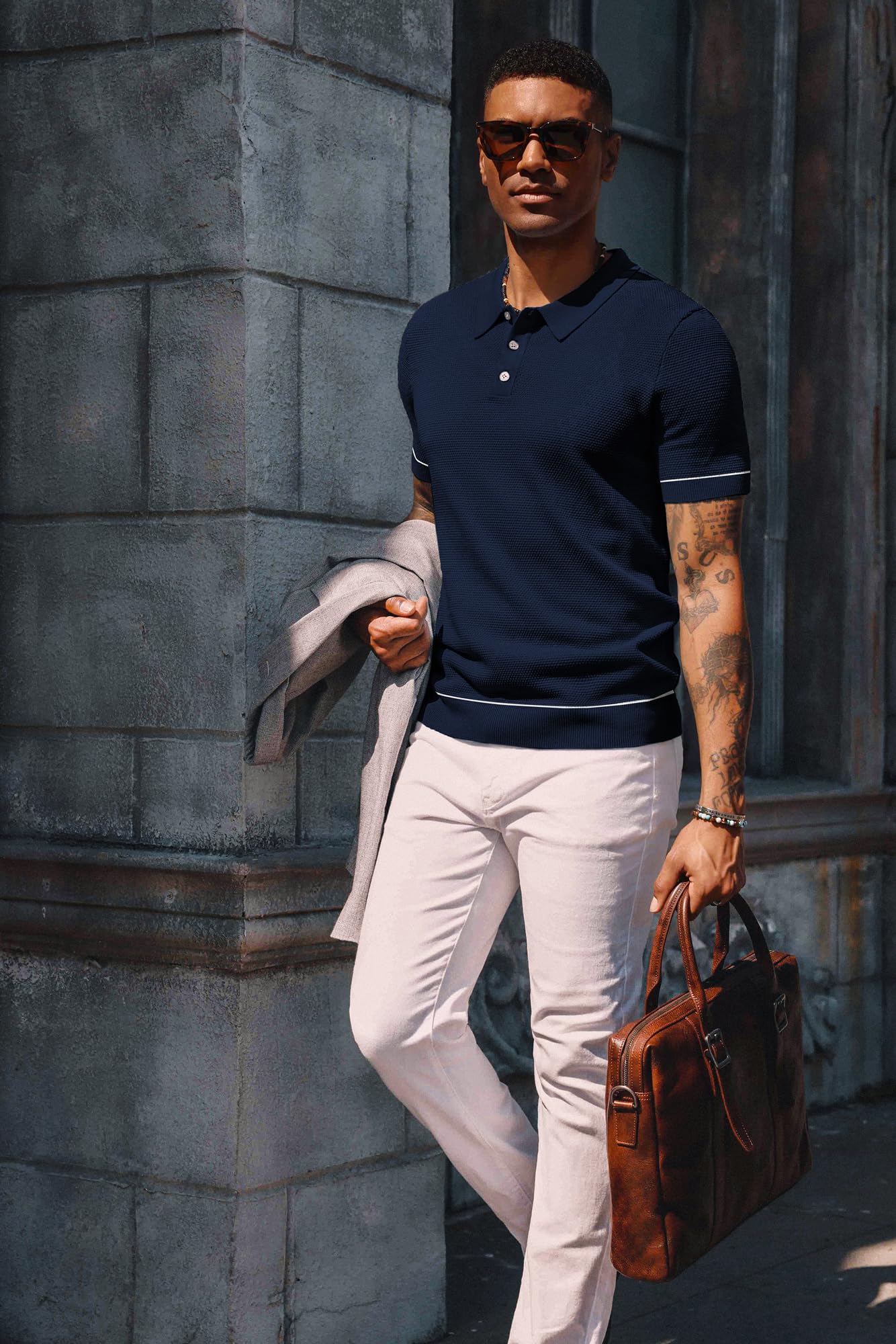PJ PAUL JONES Knit Polo Shirts Men Short Sleeve Button Up 2024 Fashion Knitted Polo Shirt Navy Blue 2XL
