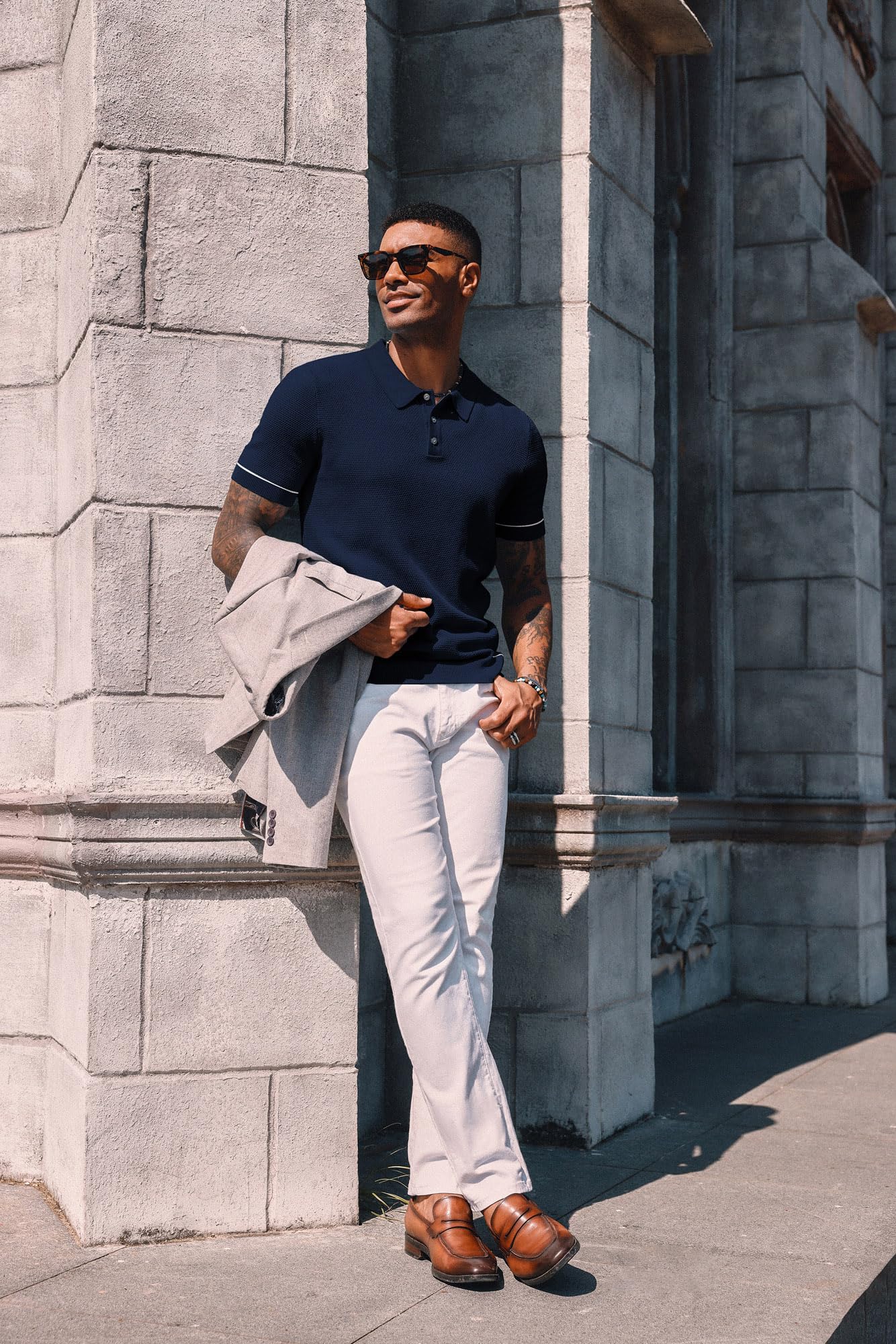 PJ PAUL JONES Knit Polo Shirts Men Short Sleeve Button Up 2024 Fashion Knitted Polo Shirt Navy Blue 2XL
