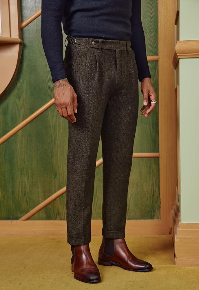 PJ PAUL JONES Mens Winter Warm Tweed Pants Double Pleated Italian Vintage Dress Pants Black Khaki
