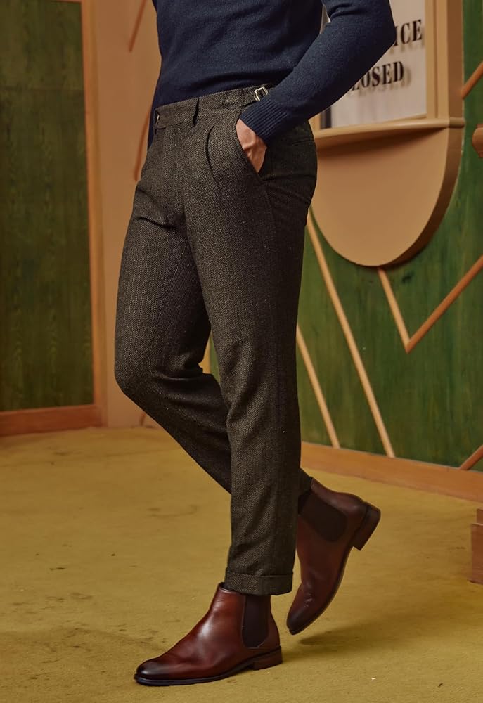 PJ PAUL JONES Mens Winter Warm Tweed Pants Double Pleated Italian Vintage Dress Pants Black Khaki
