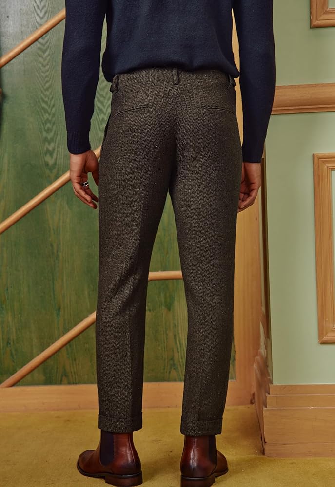 PJ PAUL JONES Mens Winter Warm Tweed Pants Double Pleated Italian Vintage Dress Pants Black Khaki