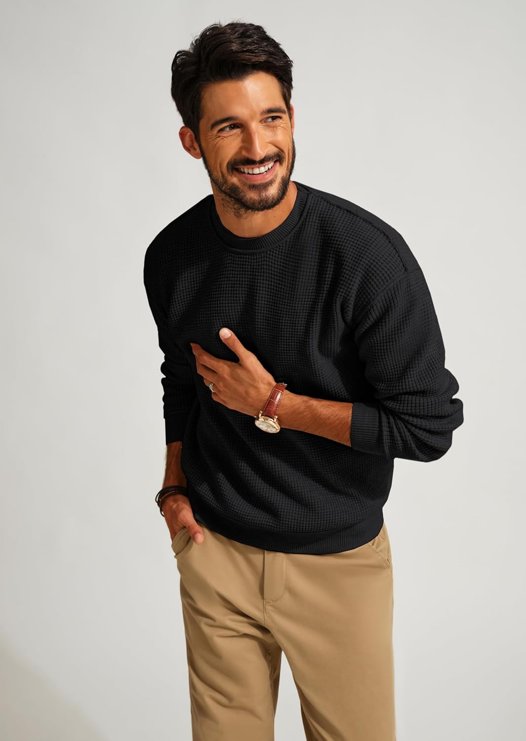 PJ PAUL JONES Men Sweater Crewneck Waffle Sweaters Casual Knit Pullover Sweater for Men Black