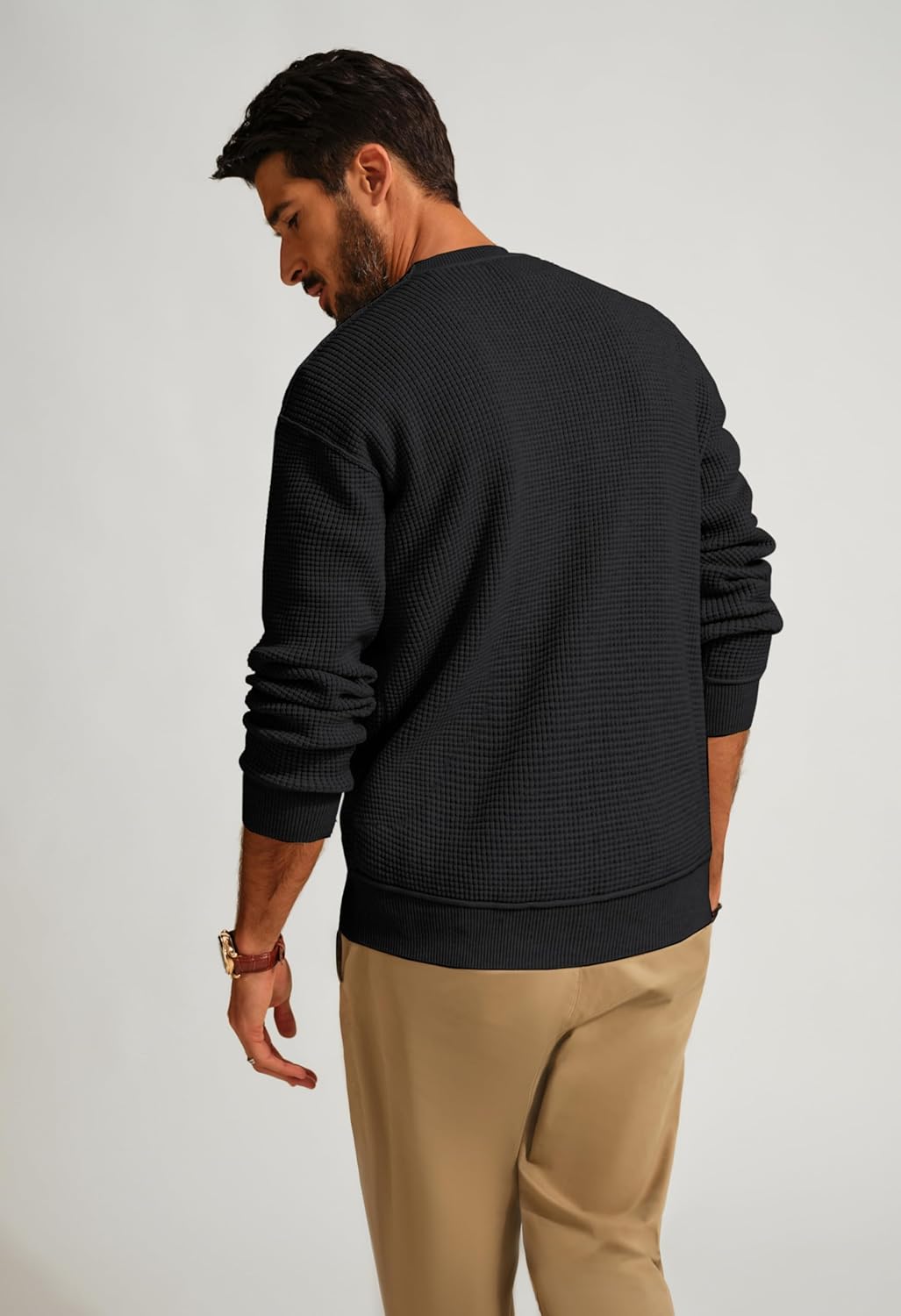 PJ PAUL JONES Men Sweater Crewneck Waffle Sweaters Casual Knit Pullover Sweater for Men Black