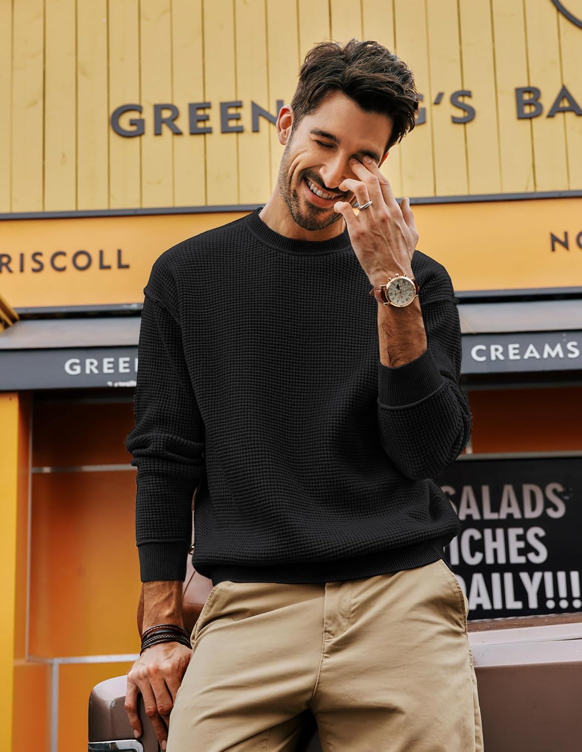 PJ PAUL JONES Men Sweater Crewneck Waffle Sweaters Casual Knit Pullover Sweater for Men Black
