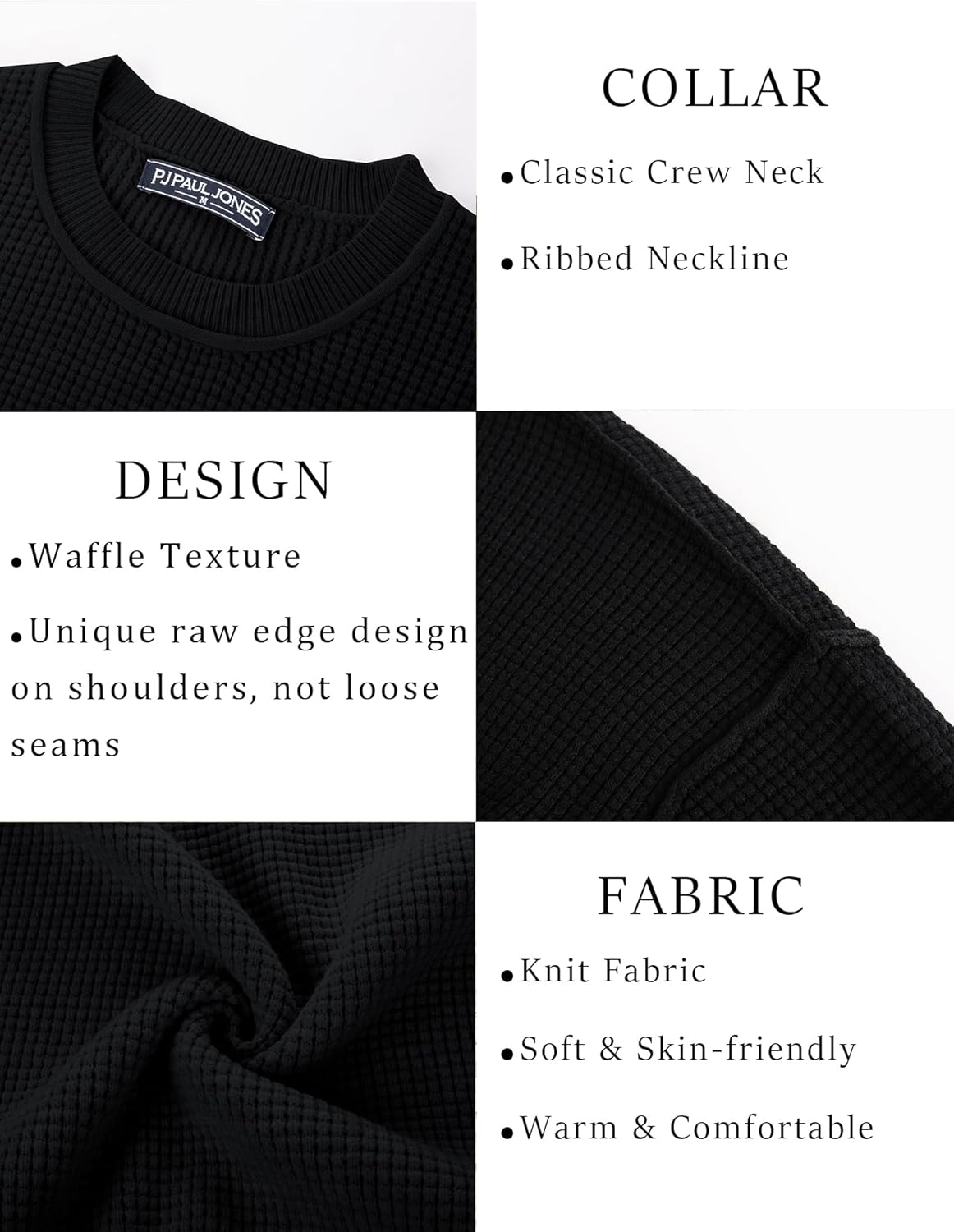 PJ PAUL JONES Men Sweater Crewneck Waffle Sweaters Casual Knit Pullover Sweater for Men Black