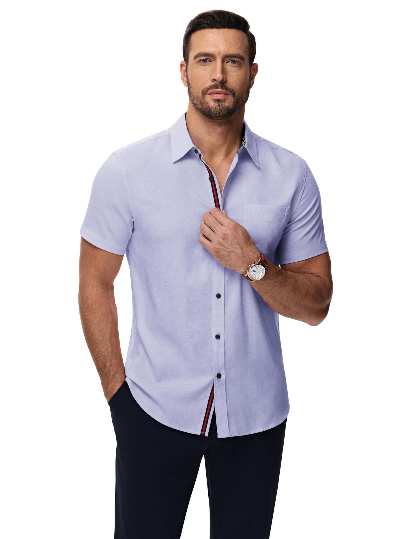 PJ PAUL JONES Mens Purple Dress Shirt Wrinkle-Free Short Sleeve Casual Button Down Shirt Men Collared Shirt with Pocket M