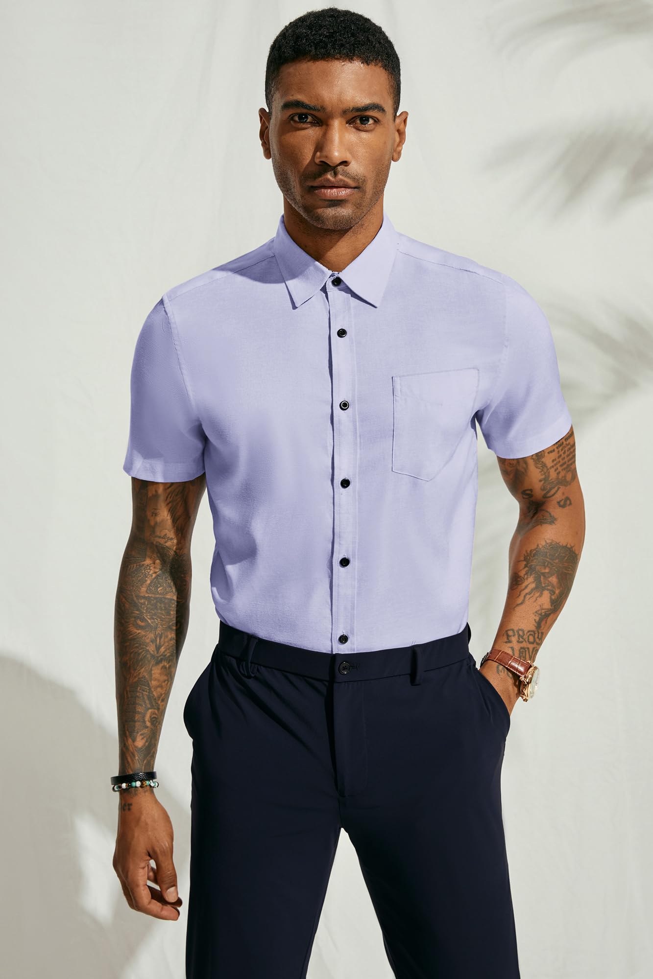 PJ PAUL JONES Mens Purple Dress Shirt Wrinkle-Free Short Sleeve Casual Button Down Shirt Men Collared Shirt with Pocket M