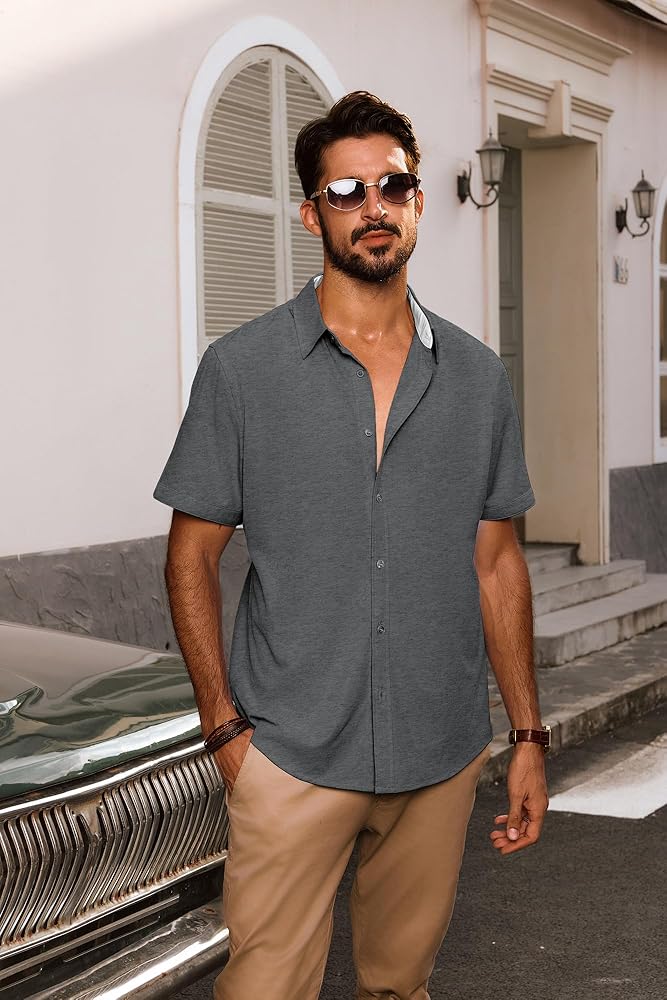 PJ PAUL JONES Men Casual Shirt Untucked Formal Dress Shirt Short Sleeve Button Down Shirt Men Dark Grey