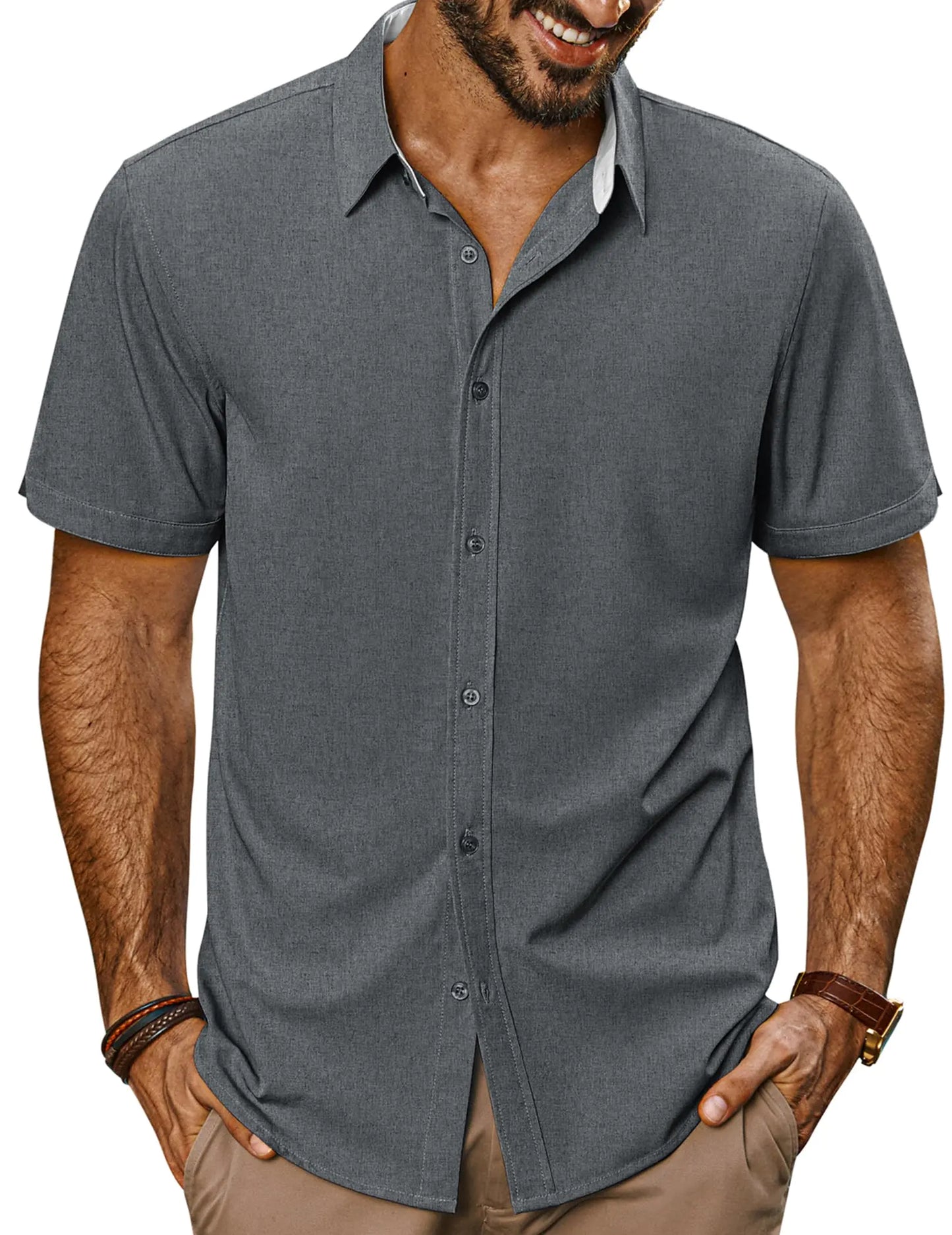 PJ PAUL JONES Men Casual Shirt Untucked Formal Dress Shirt Short Sleeve Button Down Shirt Men Dark Grey