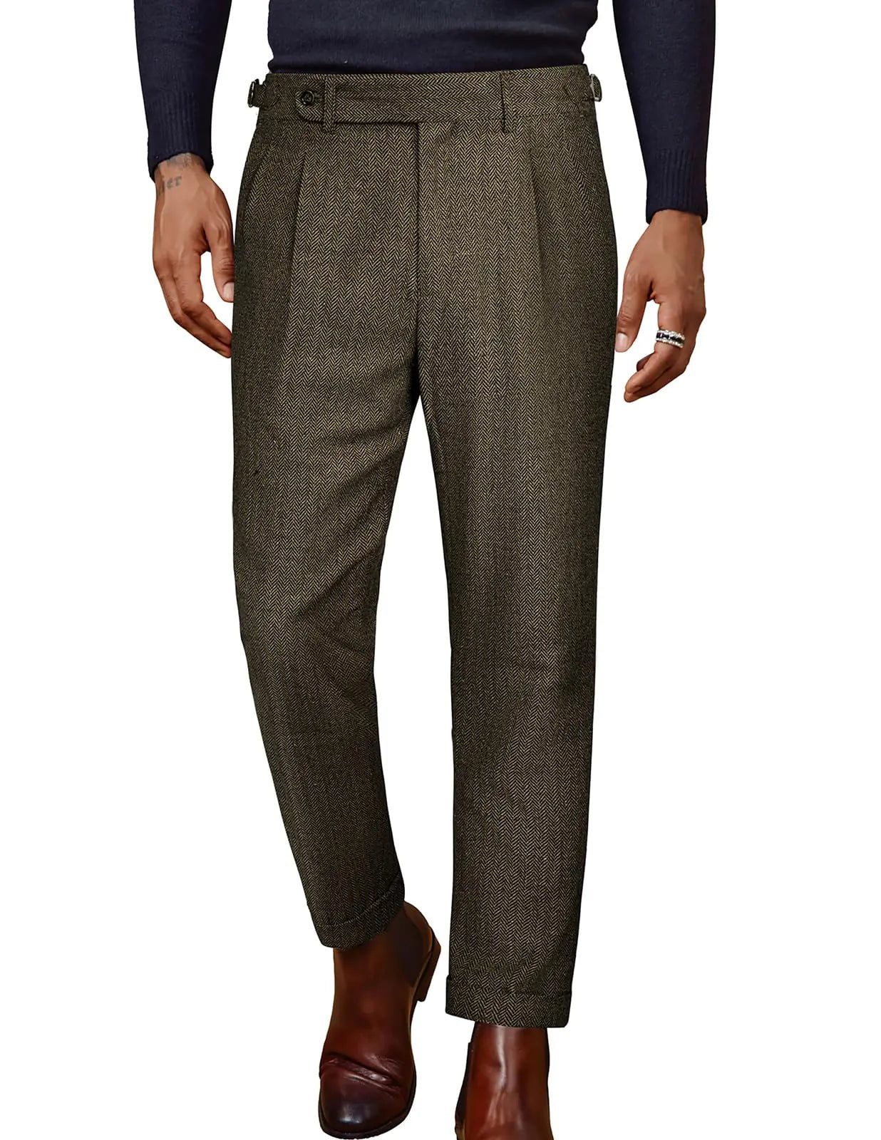 PJ PAUL JONES Mens Winter Warm Tweed Pants Double Pleated Italian Vintage Dress Pants Black Khaki