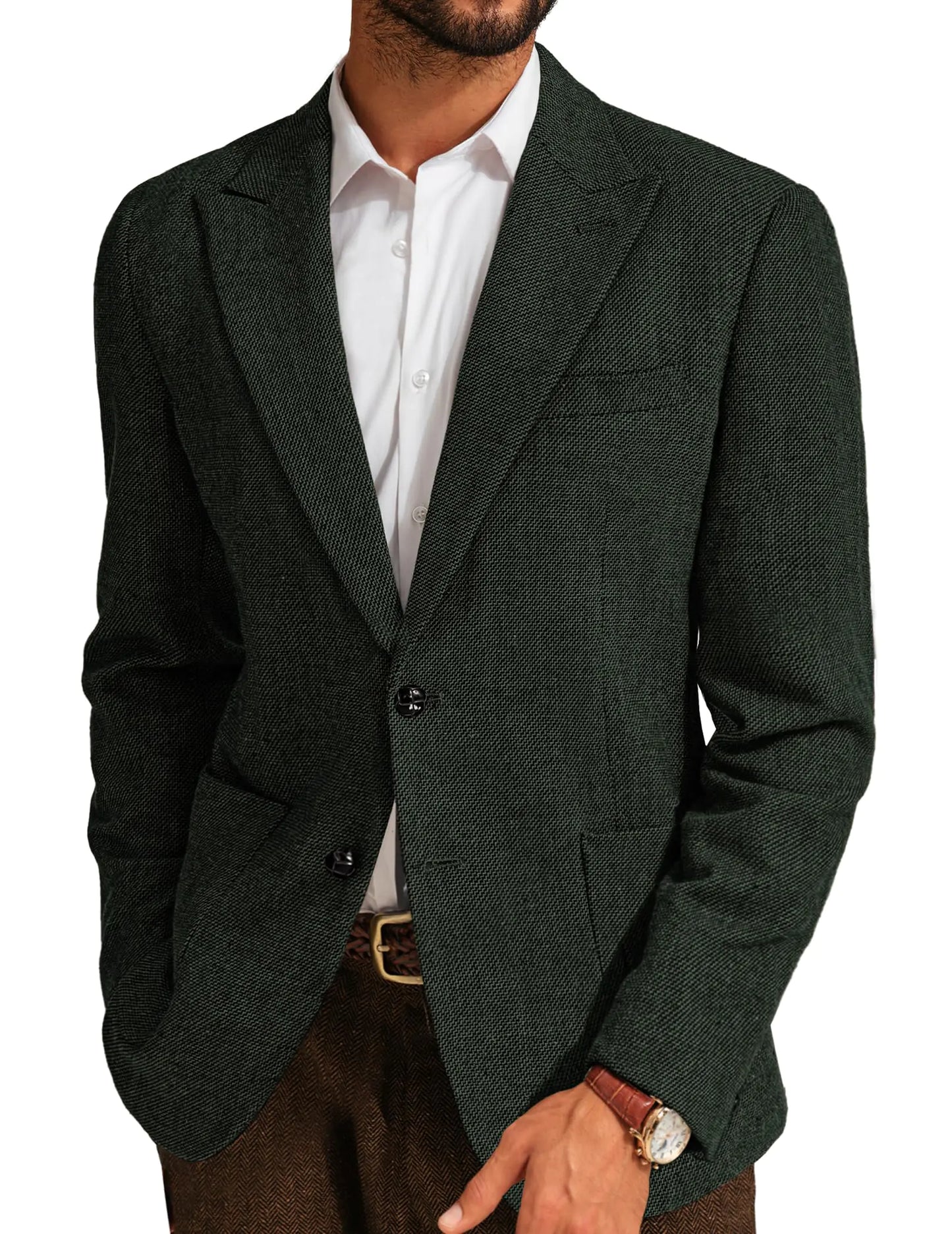 PJ PAUL JONES Mens Irish Wool Blend Suit Blazer Peak Lapel Herringbone Tweed Retro Sport Coats for Church Dark Green XL