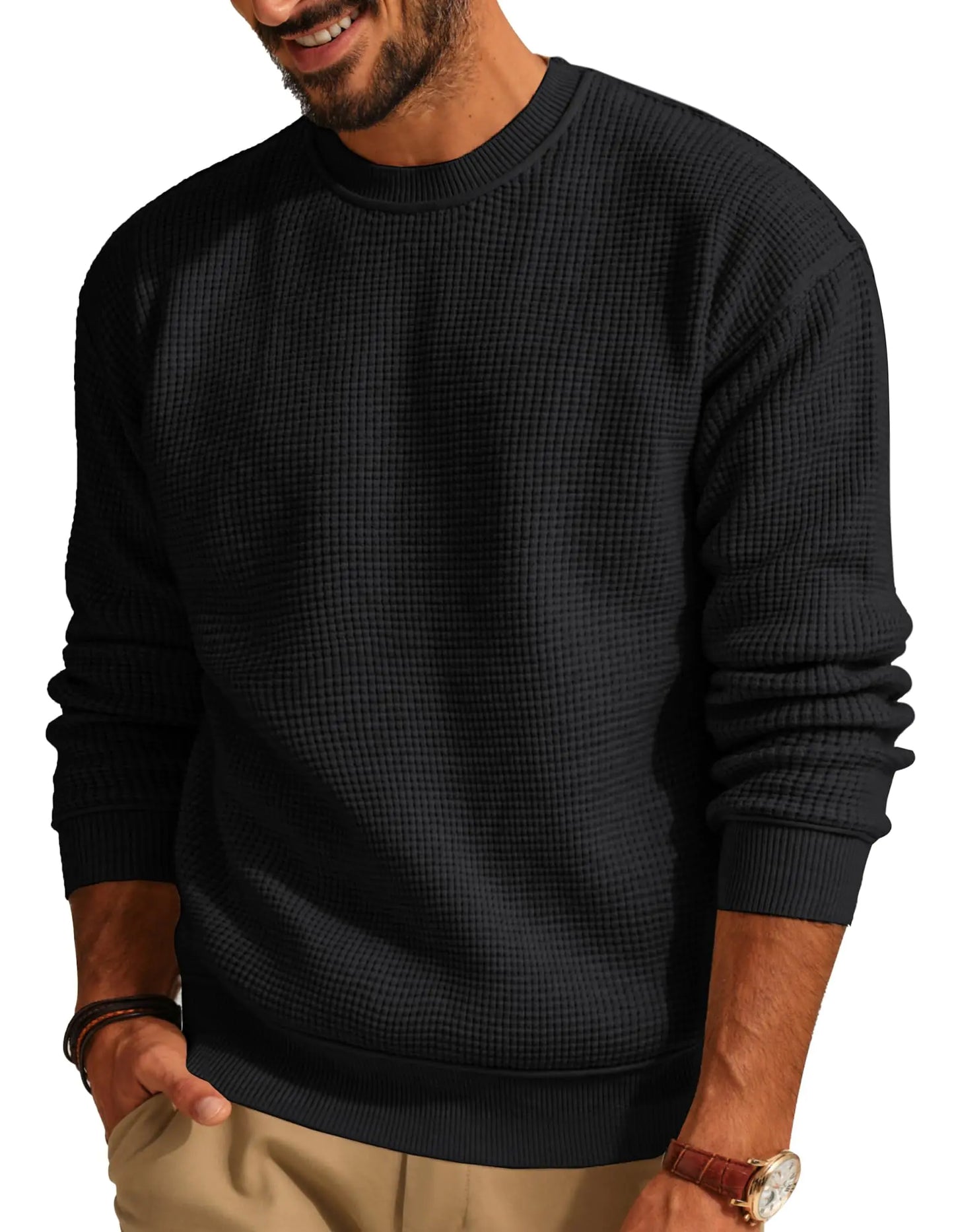 PJ PAUL JONES Men Sweater Crewneck Waffle Sweaters Casual Knit Pullover Sweater for Men Black
